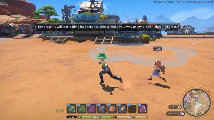 Gdy sterowiec dotrze nad plac za Commerce Guild, gra ukaże Wam trzy możliwe punkty zrzutu, gdzie pojawią się prezenty - My Time at Sandrock: Kalendarz i wydarzenia - My Time at Sandrock - poradnik do gry