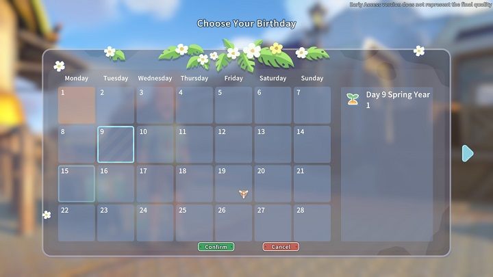 W ostatnim etapie tworzenia postaci należy wybrać dzień urodzin bohatera - My Time at Sandrock: Tworzenie postaci - My Time at Sandrock - poradnik do gry