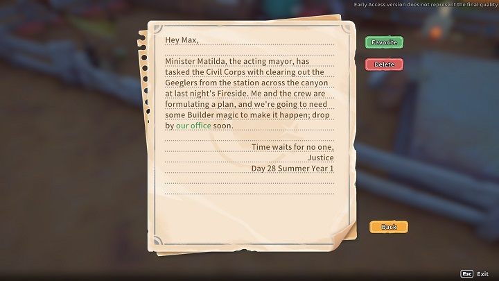 Zadanie rozpocznie się w momencie, gdy przeczytacie list od Justicea, w którym prosi o stawiennictwo w biurze Civil Corps - My Time at Sandrock: Operation De-Geeglate - solucja, opis przejścia - My Time at Sandrock - poradnik do gry