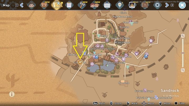 Biuro Civil Corps znajduje się w zachodniej części miasta, kilka kroków na południe od The Breach - My Time at Sandrock: Operation De-Geeglate - solucja, opis przejścia - My Time at Sandrock - poradnik do gry