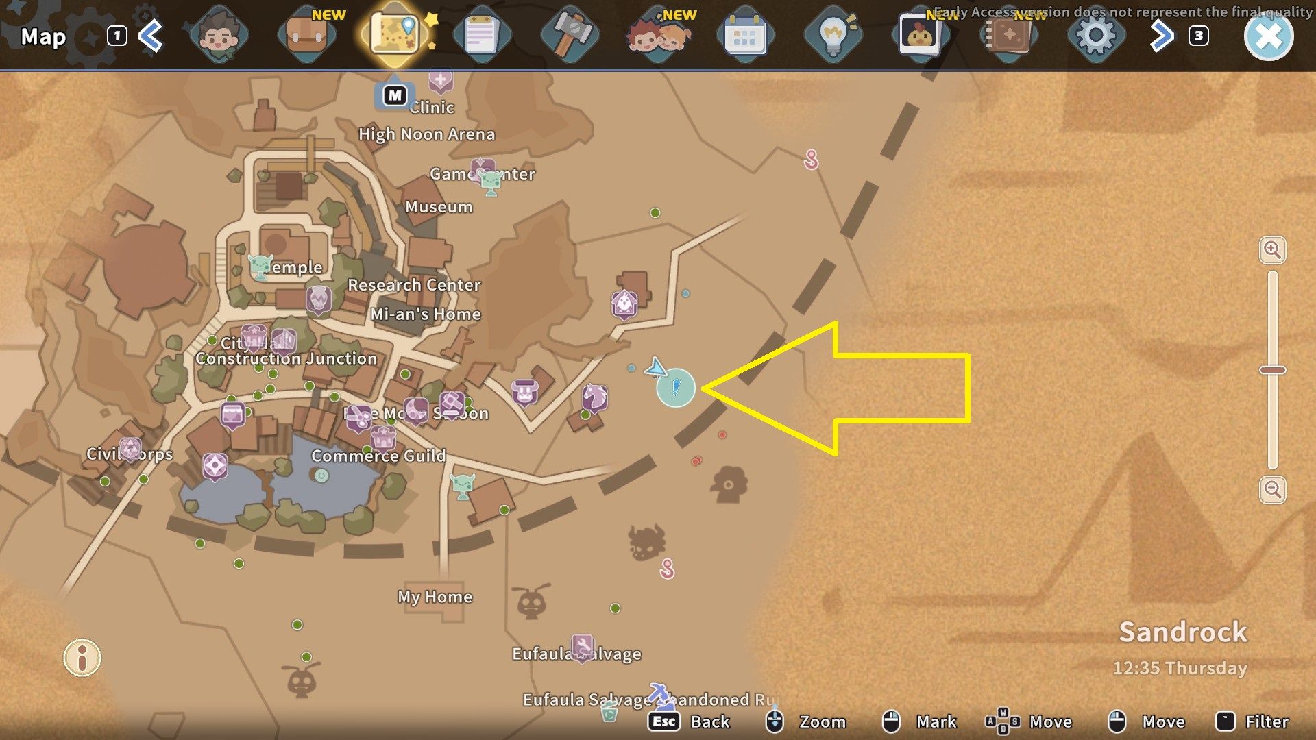 Aby rozpocząć zadanie, musicie udać się na wschód od Wandering Y Ranch (dokładną lokalizację wskazujemy na obrazku powyżej) - My Time at Sandrock: Keeping Up with the Yakmels - solucja, opis przejścia - My Time at Sandrock - poradnik do gry