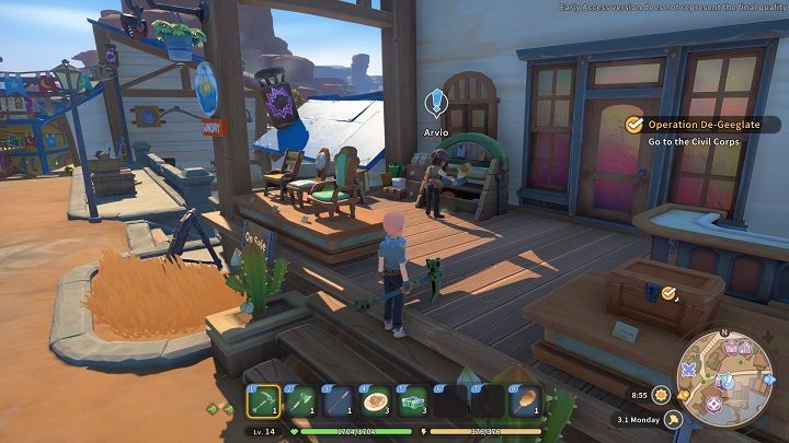 Po dostarczeniu pakunku wróćcie do Arvio - znajdziecie go w tym samym miejscu co przed momentem, czyli pod sklepem z szyldem General Store - My Time at Sandrock: Runner-Up - solucja, opis przejścia - My Time at Sandrock - poradnik do gry