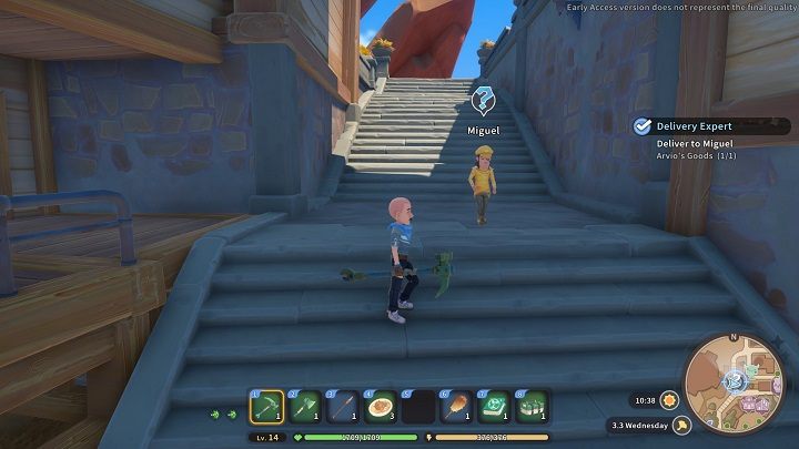 Miguel rezyduje głównie w Church of the Light, jednak często można go spotkać podczas spaceru między Temple a City Hall - My Time at Sandrock: Delivery Expert - solucja, opis przejścia - My Time at Sandrock - poradnik do gry