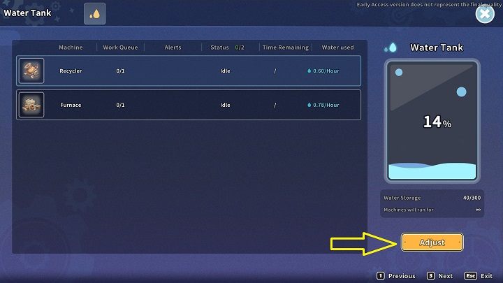 Po wywołaniu interakcji z obiektem, kliknijcie wskazany na obrazku powyżej przycisk, aby dodać do zbiornika otrzymane od Burgessa beczki z wodą - My Time at Sandrock: The Gift of Water - solucja, opis przejścia - My Time at Sandrock - poradnik do gry