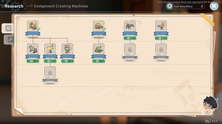 Na ekranie badań znajdziecie wszystkie dostępne na ten moment projekty - My Time at Sandrock: Badania i Data Discs - My Time at Sandrock - poradnik do gry