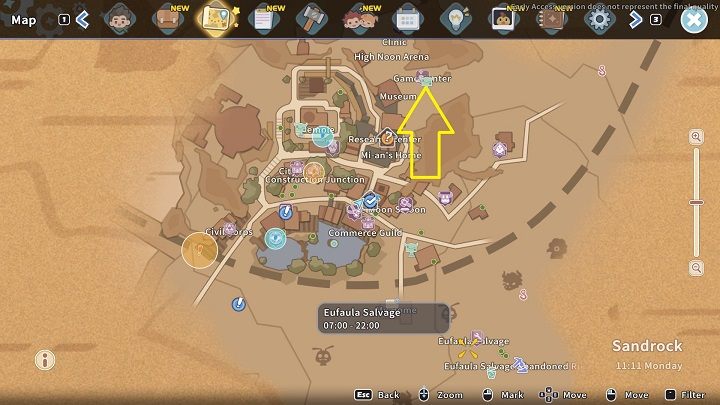 Golden Goose Game Center znajdziecie w północno-wschodniej części miasta nieopodal Museum - My Time at Sandrock: Game Center - My Time at Sandrock - poradnik do gry