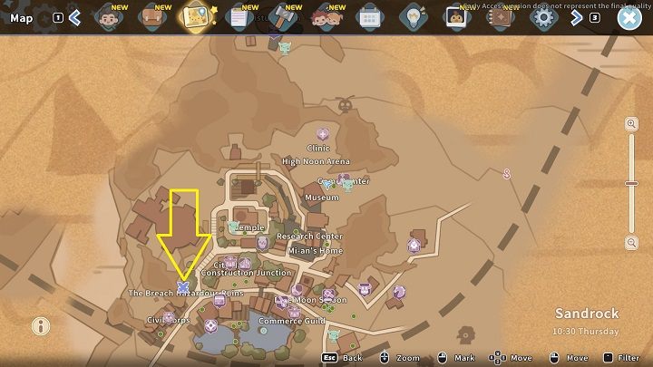 The Breach znajduje się w zachodniej części miasta, tuż obok Civil Corps - My Time at Sandrock: The Breach - My Time at Sandrock - poradnik do gry