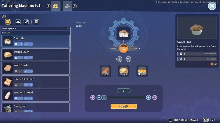 Wystarczy, że wejdziecie w interakcję z Tailoring Machine, a ukaże Wam się lista wszystkich przedmiotów, które możecie stworzyć za pomocą tego urządzenia - My Time at Sandrock: Tailoring Machine - jak zbudować? - My Time at Sandrock - poradnik do gry