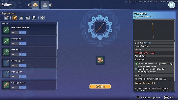 Wejdźcie w interakcję z maszyną Refiner, aby uzyskać dostęp do listy posiadanych przedmiotów możliwych do ulepszenia - My Time at Sandrock: Przedmioty - jak ulepszyć? - My Time at Sandrock - poradnik do gry