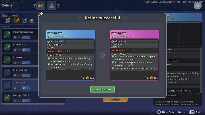 Pojawi się okno, w którym zobaczycie porównanie statystyk podstawowego przedmiotu z ulepszoną wersją - My Time at Sandrock: Przedmioty - jak ulepszyć? - My Time at Sandrock - poradnik do gry