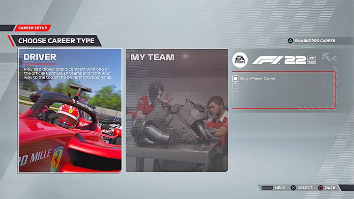 Drugim wyborem jest rodzaj kariery i macie w tym przypadku dostępne 2 opcje - F1 22: Tryby rozgrywki - lista wszystkich - F1 22 - poradnik do gry