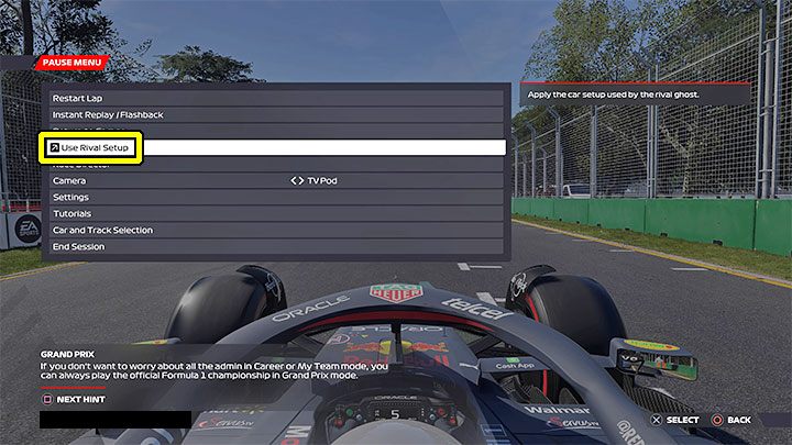 W trakcie rozgrywania prób czasowych możecie skorzystać z ciekawej opcji Użyj konfiguracji rywala (Use Rival Setup), która powinna pojawić się w menu pauzy - F1 22: Konfiguracje bolidu (Setups) - czy warto zmieniać? - F1 22 - poradnik do gry