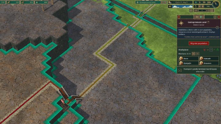 Odległość budynku od centrum dzielnicy nie może przekraczać czerwonej linii zaznaczonej na drodze - Timberborn: Porady na start - lista - Timberborn - poradnik do gry