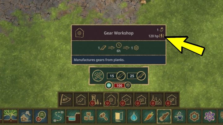 Niektóre budynki potrzebują podłączenia do źródła mocy, a jej ilość do optymalnego funkcjonowania jest wskazana po najechaniu kursorem na wybrany warsztat - Timberborn: Koło wodne - gdzie budować? - Timberborn - poradnik do gry