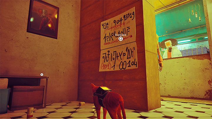 Rozwiązanie zagadki zapisane jest na plakacie nadającym się do przetłumaczenia, który również jest na tyłach sklepu (powyższy obrazek) - Stray: Zagadka z sejfem w sklepie - Śródmiasto (Midtown) - Stray - poradnik do gry