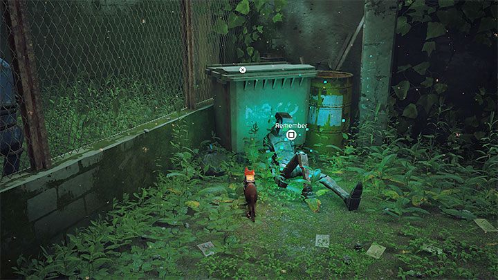 Zanim wyruszycie dalej (przejście przez bramkę otwartą przez Clementine) zbadajcie prawy oddalony narożnik placu, który był pilnowany przez Wartownika - Stray: Areszt (Jail) - wszystkie wspomnienia (Memories) - Stray - poradnik do gry