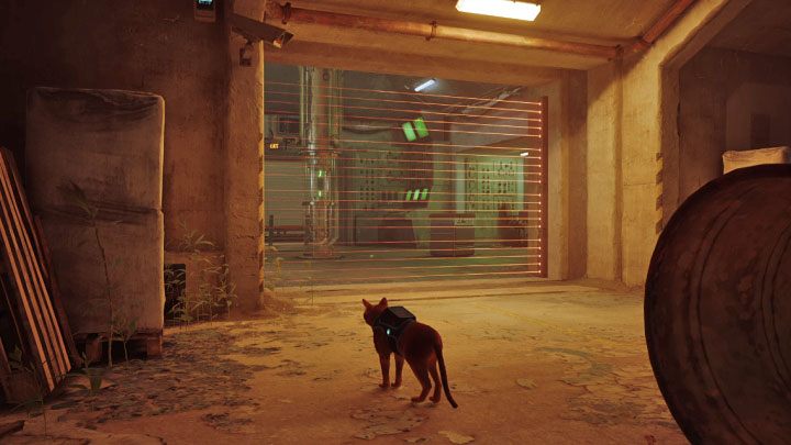 Docelowo dotrzecie do pokazanej na obrazku zapory laserowej - Stray: Zagadka z baterią w fabryce - Śródmiasto (Midtown) - Stray - poradnik do gry