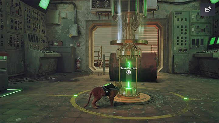 Dopiero teraz możecie podejść do centralnej konstrukcji i zabrać baterię (Battery) - Stray: Zagadka z baterią w fabryce - Śródmiasto (Midtown) - Stray - poradnik do gry