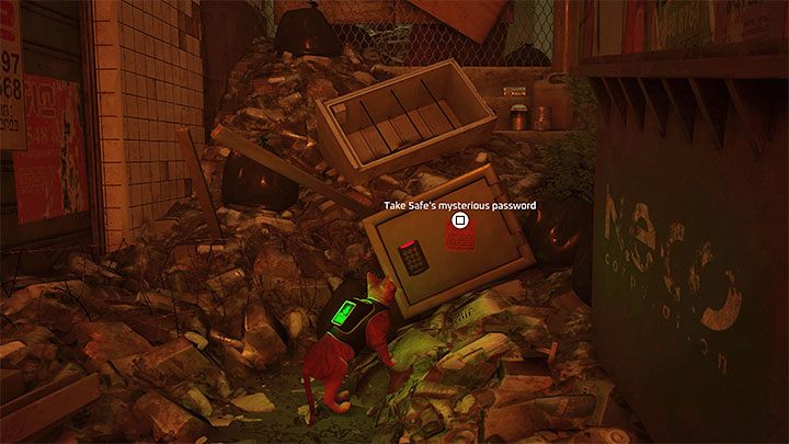 Sejf jest w alejce niedaleko miejsca, w którym przebywa Morusque - lokalny muzyk grający na gitarze - Stray: Zagadka z sejfem i notatką z kodem binarnym - Slumsy (The Slums) - Stray - poradnik do gry