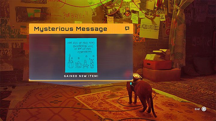 Wiadomość zawiera rysunki 4 obiektów do odnalezienia i zbadania, a także kolejność odkrywania śladów (od 1 do 4) - Stray: Śródmiasto (Midtown), rozdział 10 - solucja, opis przejścia - Stray - poradnik do gry