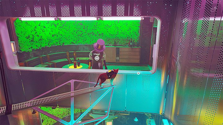 Możecie już skakać po wiszących platformach i przedostać się na odległy balkon sekcji VIP-ów - Stray: Śródmiasto (Midtown), rozdział 10 - solucja, opis przejścia - Stray - poradnik do gry