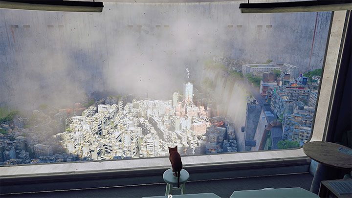 Możecie podejść do wielkiej szklanej ściany i obserwować stopniowo rozsuwający się dach - Stray: Pomieszczenie kontrolne (Control Room), rozdział 12 - solucja, opis przejścia, zakończenie - Stray - poradnik do gry