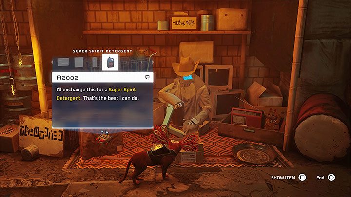 Z detergentem musicie udać się do lokalnego handlarza Azooza - jego kramik jest niedaleko centralnej części slumsów - Stray: Ponczo (Poncho) dla Elliota w Slumsach (The Slums) - jak zdobyć? - Stray - poradnik do gry