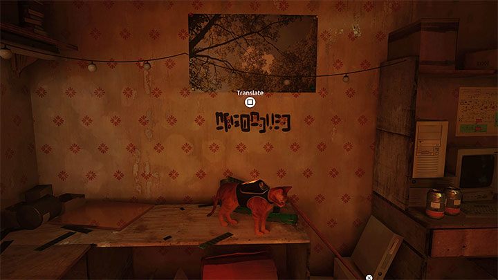 Pierwszy obrazek od prawej skrywa z kolei wiadomość do przetłumaczenia - Stray: Slumsy - część 2 (The Slums - Part 2), rozdział 6 - solucja, opis przejścia - Stray - poradnik do gry