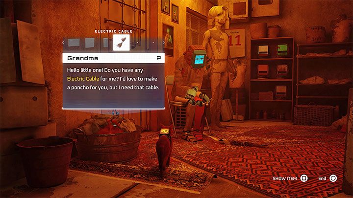 Zbadajcie okoliczne uliczki, a spotkacie Babcię (Grandma) - możecie jej przekazać kable elektryczne, które kupiliście od Azooza - Stray: Slumsy - część 2 (The Slums - Part 2), rozdział 6 - solucja, opis przejścia - Stray - poradnik do gry