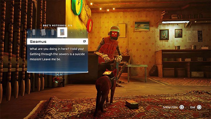 Spotkanie się z Seamusem jest wymagane żeby awansować dalej w grze - musicie pokazać mu notatnik Doca i zaliczyć zagadkę z odnalezieniem tajnego pokoju, którą opisaliśmy w rozdziale Rozwiązania zagadek - Stray: Mieszkanie Seamusa - gdzie znaleźć w slumsach (The Slums)? - Stray - poradnik do gry