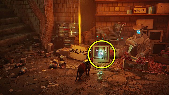Z energetykami dotrzyjcie do handlarza ze slumsów i zbadajcie obiekt po lewej wystawiany na sprzedaż - zaznaczyliśmy go na obrazku - Stray: Slumsy (The Slums) - wszystkie wspomnienia (Memories) - Stray - poradnik do gry