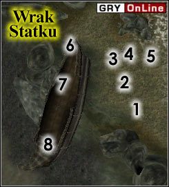 Wrak Statku nie jest zaznaczony na mapie głównej, ale znajduje się dokładnie pomiędzy numerami (41) i (42) (w wodzie oczywiście, popatrz na lewą, środkową stronę mapy głównej) - [Kompania Wschodniocesarska] cz. 3 | TES III Przepowiednia - The Elder Scrolls III: Przepowiednia - poradnik do gry