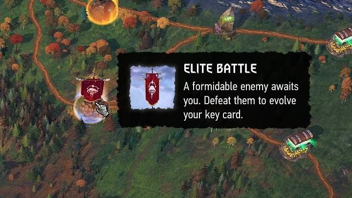 Punkty z czerwonym proporcem występują na mapie znacznie rzadziej i oznaczają walkę z mocniejszym, elitarnym przeciwnikiem - Gwent Rogue Mage: Mapa - Gwent Rogue Mage - poradnik do gry