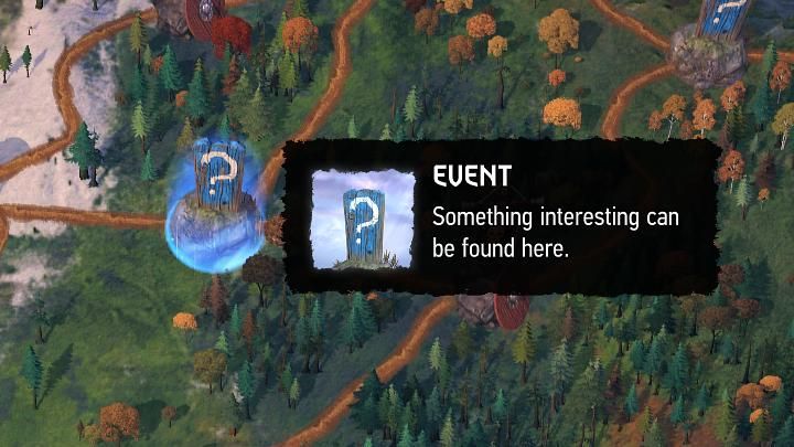 Wydarzenia na mapie gry Gwent Rogue Mage oznaczono charakterystyczną ikoną znaku zapytania na niebieskim tle - Gwent Rogue Mage: Mapa - Gwent Rogue Mage - poradnik do gry