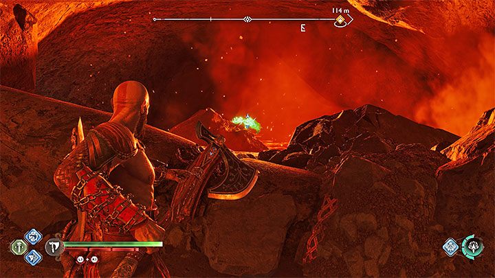 Kruk siedzi obok lawy i legendarnej skrzyni, którą opisaliśmy w poprzednim podpunkcie - God of War Ragnarok: Płonące klify (Burning Cliffs), Muspelheim - sekrety, znajdźki - God of War Ragnarok - poradnik do gry