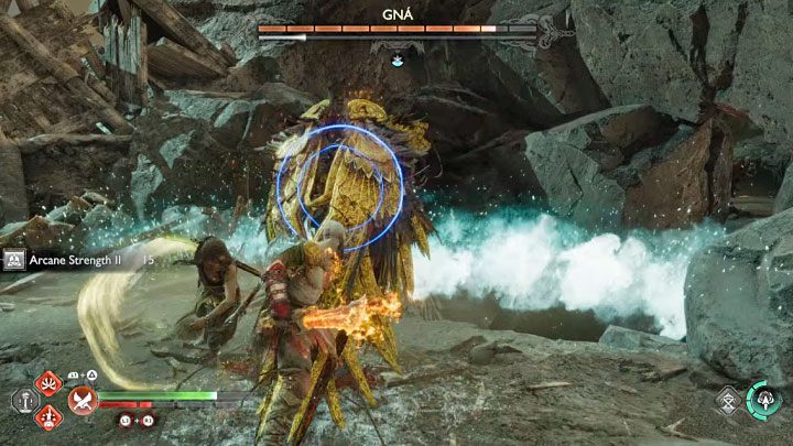 Schowanie się za skrzydłami - Pojawią się niebieskie pierścienie i musicie przebić się przez obronę królowej walkirii uderzając ją szybko tarczą (2x przycisk L1) - God of War Ragnarok: Jak pokonać bossa Królowa walkirii Gna (Valkyrie Queen Gna)? - God of War Ragnarok - poradnik do gry