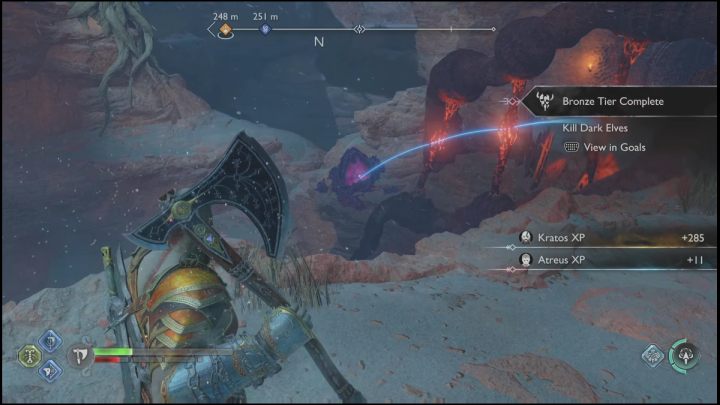 Wycelujcie toporem w kryształ, tak aby przebić wszystkie 3 czerwone połączenia jednocześnie - God of War Ragnarok: Tajemnica Piasków (Secret of the Sands) - solucja, opis przejścia - God of War Ragnarok - poradnik do gry