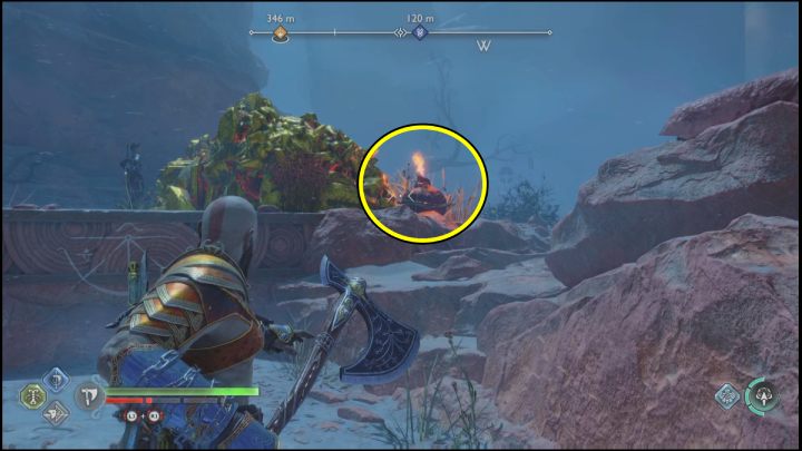 Zniszczcie czerwone naczynie stojące za gruzem, wybuch usunie blokadę - God of War Ragnarok: Tajemnica Piasków (Secret of the Sands) - solucja, opis przejścia - God of War Ragnarok - poradnik do gry