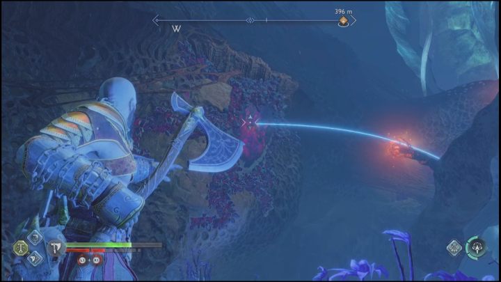 Na koniec przeskoczcie na poprzednią skałę i wycelujcie topór w kryształ na ścianie - God of War Ragnarok: Tajemnica Piasków (Secret of the Sands) - solucja, opis przejścia - God of War Ragnarok - poradnik do gry