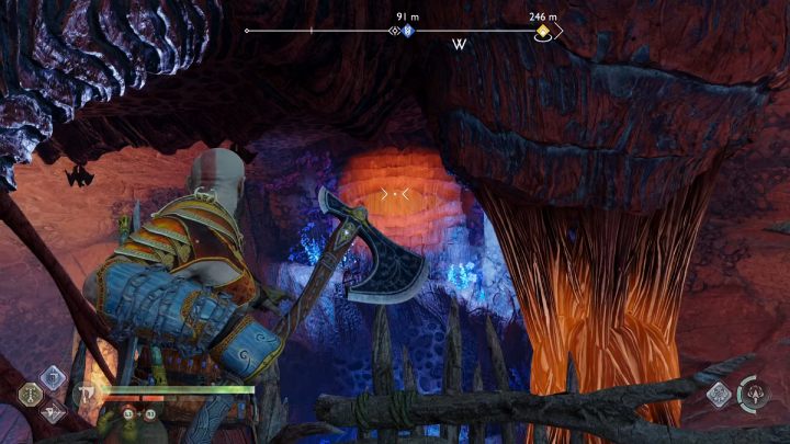 Przejdźcie przez wąską szczelinę w ścianie i zeskoczcie na niższy poziom jaskini - God of War Ragnarok: Pieśń Piasków (Song of the Sands) - solucja, opis przejścia - God of War Ragnarok - poradnik do gry