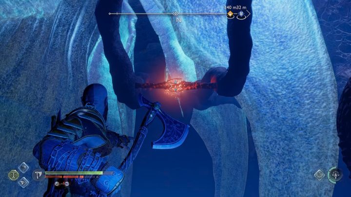 Przeskoczcie z powrotem na poprzednią skałę i ustawcie się odpowiednio, tak aby usunąć następny zestaw czerwonych połączeń - God of War Ragnarok: Pieśń Piasków (Song of the Sands) - solucja, opis przejścia - God of War Ragnarok - poradnik do gry