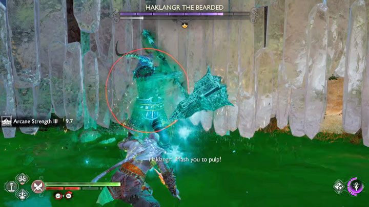 Poważnym czerwonym atakiem Haklangra jest wytworzenie wokół siebie zielonego obszaru - God of War Ragnarok: Jak pokonać berserka Haklangr Brodaty (Haklangr the Bearded)? - God of War Ragnarok - poradnik do gry