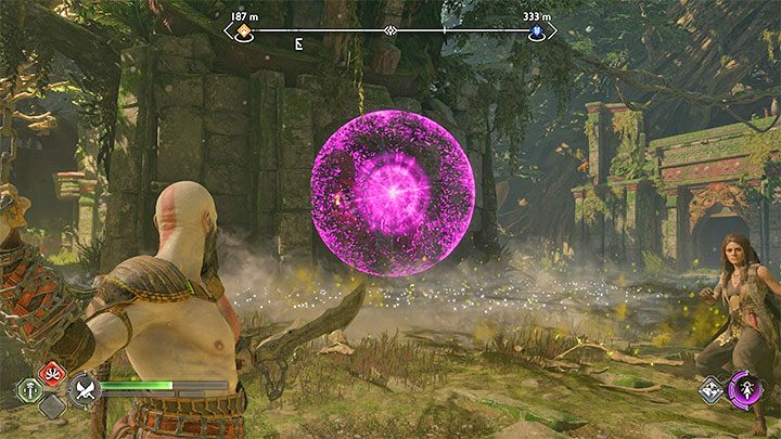 Trzeci totem jest w centralnej części ogrodu i widać za nim kolejne wybuchowe naczynie - God of War Ragnarok: Ogród dla zmarłych (Garden for the Dead) - solucja, opis przejścia - God of War Ragnarok - poradnik do gry