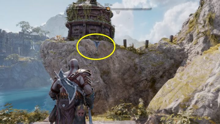 Podejdźcie do zamrożonej tarczy, w której utkwił Wasz topór i użyjcie specjalnej strzały, która sprawi, że lód utrzyma się na dłużej - God of War Ragnarok: Wyspa Alberyka (Alberich Island), Svartalfheim - sekrety, znajdźki - God of War Ragnarok - poradnik do gry