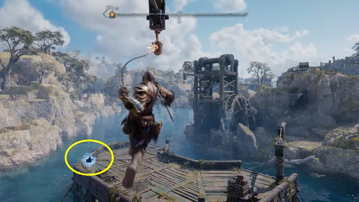 Musicie najpierw odblokować włócznię, aby dostać się na drewnianą platformę przy wyspie - God of War Ragnarok: Wyspa Alberyka (Alberich Island), Svartalfheim - sekrety, znajdźki - God of War Ragnarok - poradnik do gry