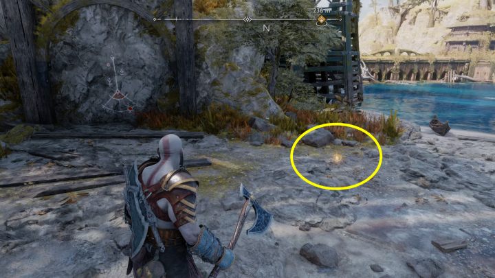 Znajdźka jest na ziemi, przy drewnianej platformie - God of War Ragnarok: Platforma Modvitnira (Modvitnirs Rig), Svartalfheim - sekrety, znajdźki - God of War Ragnarok - poradnik do gry