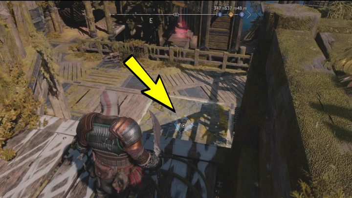 Aby dostać się na sam dół, musicie zeskoczyć z wyższego terenu i przebić się przez oznaczony niebieskim kolorem znak na podłodze - God of War Ragnarok: Platforma Althjofa (Althjofs Rig), Svartalfheim - sekrety, znajdźki - God of War Ragnarok - poradnik do gry