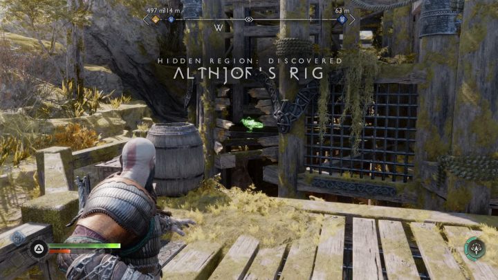 Ptak schowany jest pod drewnianą konstrukcją niedaleko wejścia na platformę z przystani na łódź - God of War Ragnarok: Platforma Althjofa (Althjofs Rig), Svartalfheim - sekrety, znajdźki - God of War Ragnarok - poradnik do gry