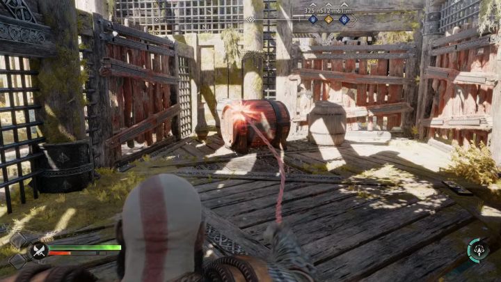 Otwórzcie drzwi, zeskoczcie w dół i podpalcie kolejną beczkę, aby utorować sobie przejście na dalszą część platformy - God of War Ragnarok: Platforma Althjofa (Althjofs Rig), Svartalfheim - sekrety, znajdźki - God of War Ragnarok - poradnik do gry