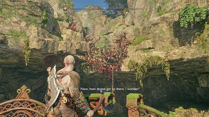 Ustawcie się w miejscu, w którym widać łańcuch przykryty przez czerwone pnącza - God of War Ragnarok: Tajemnicza kula (The Mysterious Orb) - solucja, opis przejścia - God of War Ragnarok - poradnik do gry
